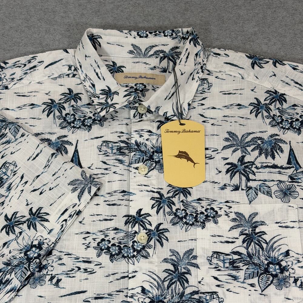 Tommy Bahama Button Down Shirt Mens XL White Blue Island Scene Print Cotton NWT